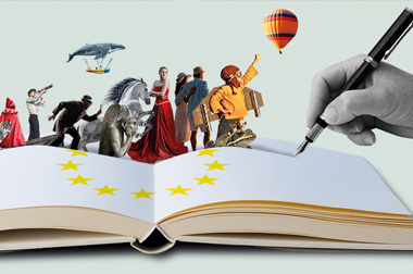 Oficiálny vizuál Dňa európskych autorov, píšusa ruka do knihy z na ktorej stoja literárne postavy a znak EU (hviezdy)